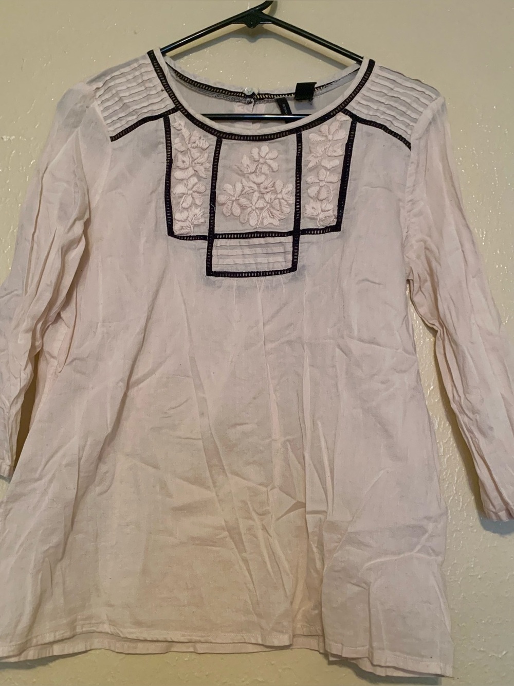 Mango Cream Embroidered Peasant Top with Black Trim (Size 6)
